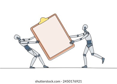 Una sola línea continua dibujando dos robots enojados peleando por el gran Portapapeles. Útil para facilitar la comprobación de informes. Conflicto robótico. Tecnología de IA agresiva. Ilustración vectorial de diseño de una línea