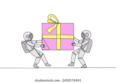 Single continuous line drawing two professional astronaut fighting over the gift box. Cosmonauts against environmental pollution fight for the main prize. Rival. One line design vector illustration