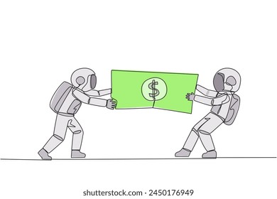 Single continuous line drawing two angry astronaut fighting over banknotes. Fight over the capital provided by the government to selected cosmonauts. Rival. Cosmic. One line design vector illustration
