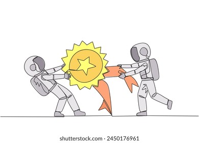 Single continuous line drawing two angry astronaut fighting over medal award. Both feel worthy of the award. Astronaut versus astronaut. Astronaut conflict. Space. One line design vector illustration