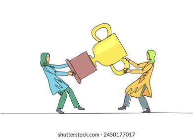 Single continuous line drawing two Arabian businesswoman fighting over trophy. There are no co-champions. The two entrepreneurs are required to contest ideas again. One line design vector illustration