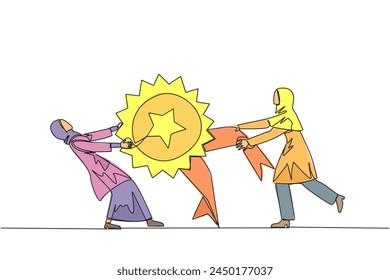 Single continuous line drawing two Arabian businesswoman fighting over medal award. Both feel worthy of award. Businesswoman versus businesswoman. Conflict. Rival. One line design vector illustration