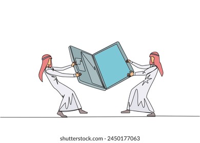 Single continuous line drawing two emotional Arabian businessman fighting over laptop. Fighting for information about very good area to be the next target market. One line design vector illustration