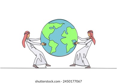 Single continuous line drawing two strong Arabian businessman fighting over globe. Fighting over the area that will be the target of sales expansion. Aggressive. One line design vector illustration
