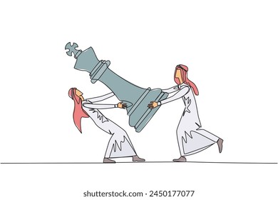 Single continuous line drawing two angry Arabian businessman fight over big king chess pieces. The metaphor of scrambling to save a business by helping investors. One line design vector illustration