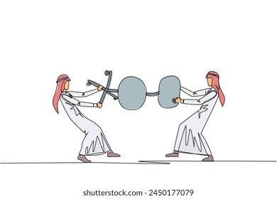 Single continuous line drawing two emotional Arabian businessman fighting over office chair. A rare luxury office chair to be used in a new office. Businessman conflict. One line vector illustration
