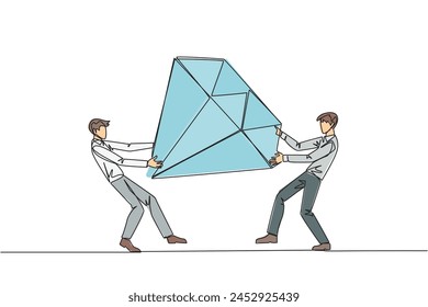 Single continuous line drawing two selfish businessman fighting over the big diamond. Fight over diamond mines that make profit boost for entrepreneur. Conflict. One line design vector illustration