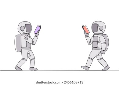Single continuous line drawing two astronauts walking face to face reading books. Gesture of memorizing something from a book. Addicted to reading. Book festival. One line design vector illustration