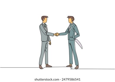 Single continuous line drawing two businessmen shaking hands. One of them holding a knife behind the back. Getting ready to stab. Must win at all costs. Traitor. One line design vector illustration