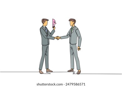 Single continuous line drawing two businessmen shaking hands. One of them has two faces. Full of falsehood. Fake friend. Worst teamwork. Business betrayal. Traitor. One line design vector illustration