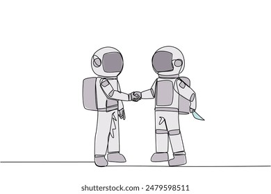 Single continuous line drawing two astronauts shaking hands. One of them holding a knife behind the back. Getting ready to stab. Must win at all costs. Traitor. One line design vector illustration