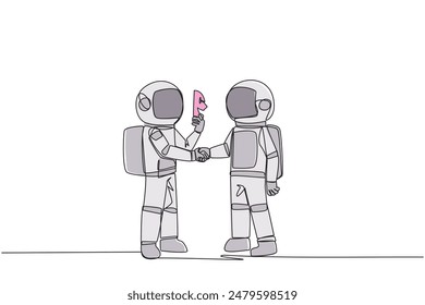 Single continuous line drawing two astronauts shaking hands. One of them has two faces. Full of falsehood. Fake friend. Worst teamwork. Business betrayal. Traitor. One line design vector illustration