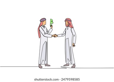 Single continuous line drawing two Arabian businessmen shaking hands. One of them has two faces. Full of falsehood. Fake friend. Worst teamwork. Betrayal. Traitor. One line design vector illustration