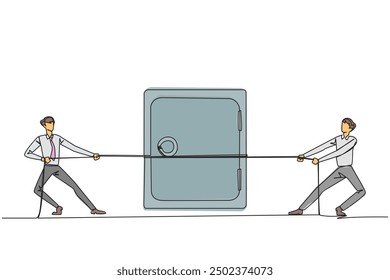 Single continuous line drawing two businessmen fighting over a safe deposit box. Competition to get the safest storage place is related to business development. One line design vector illustration