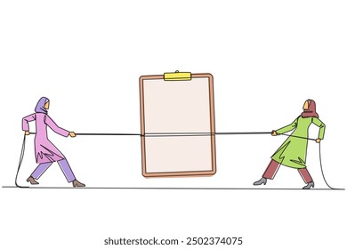 Single continuous line drawing two Arabian businesswomen fighting over a clipboard. Fight for tool that make work easier. Detailing data on profitable clients. One line design vector illustration