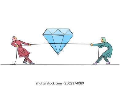 Single continuous line drawing two Arabian businesswomen fighting over diamond. Fight to get results of the hard work that really deserve. The rewards are worth it. One line design vector illustration