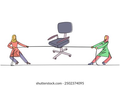 Single continuous line drawing two Arabian businesswomen fighting over an office chair. The fight for the highest position in office. For ease of doing business. One line design vector illustration