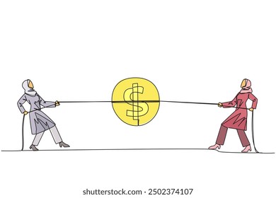 Single continuous line drawing two Arabian businesswomen fighting over coin with dollar symbol. Competition to maintain currency exchange rates. Stabilizes market prices. One line vector illustration