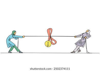 Single continuous line drawing two ambitious Arabian businesswomen fighting for a medal award. Fierce battle to become the most credible entrepreneur. Achievements. One line design vector illustration