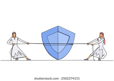 Single continuous line drawing two Arabian businessmen fighting over shield. Compete to provide the best protection for clients. Network security administrator. One line design vector illustration