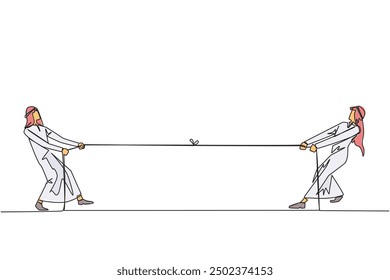 Single continuous line drawing two Arabian businessmen pulling each other's rope. Play light games to create togetherness. More and more unified for achievement. One line design vector illustration