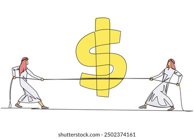 Single continuous line drawing two Arabian businessmen fighting over dollar symbol. The struggle to balance the financial balance. Try not to lose or bankrupt. One line design vector illustration