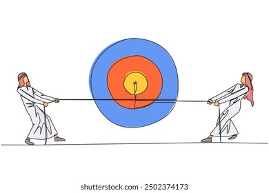 Línea continua única dibujando a dos empresarios árabes luchando sobre un tablero objetivo de flecha. Luchar por alcanzar metas satisfactorias. Beneficios para la empresa. Recompensas. Ilustración vectorial de diseño de una línea