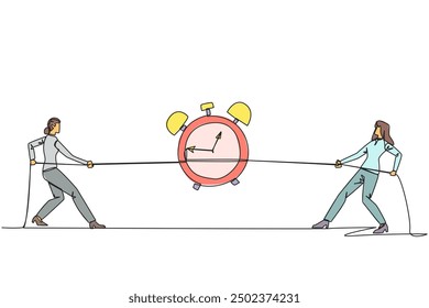 Single continuous line drawing two businesswomen fighting over an alarm clock. Competition to get rare antique clocks. Put in all the best efforts. Battle. Versus. One line design vector illustration