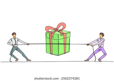 Single continuous line drawing two businessmen fighting over a gift box. Trying to get each other bonuses. Bonus in the form of items neatly wrapped with ribbon. One line design vector illustration