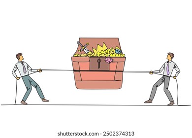 Single continuous line drawing two businessmen fight over an open treasure chest. Greed wants anything. Business competition that harms nature and its surroundings. One line design vector illustration