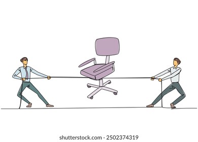 Línea continua que dibuja a dos hombres de negocios que luchan sobre una silla de oficina. Competencia por puestos dignos en la empresa. Todo se hace para lograrlo. Ilustración vectorial de diseño de una línea