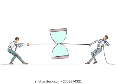 Línea continua que dibuja a dos hombres de negocios que luchan sobre un reloj de arena. Persiguiéndonos unos a otros contra el tiempo. Se acerca el plazo. Completa el informe comercial. Ilustración vectorial de diseño de una línea