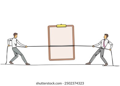 Single continuous line drawing two businessmen fighting over a clipboard. Fight to be the first to complete the report. Healthy competition. Company profits. One line design vector illustration