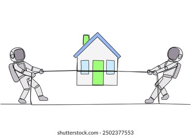 Single continuous line drawing two astronauts fighting over a miniature house. The need for comfort after going on a task space expedition. Cosmonaut outer space. One line design vector illustration