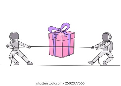 Single continuous line drawing two astronauts fighting over a gift box. A fierce battle to bring souvenirs from the lunar expedition to earth. Cosmonaut deep space. One line design vector illustration