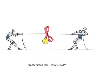 Single continuous line drawing two robots fighting for a medal award. Fight with strength and intelligence like a cowboy. Fight to become the most advanced robot. One line design vector illustration