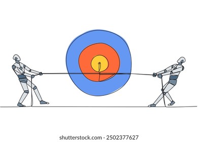 Single continuous line drawing two robots fighting over an arrow target board. Fierce competition towards the best goal of becoming the best robot. Future tech. One line design vector illustration