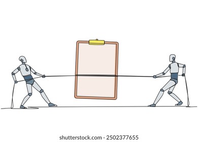 Single continuous line drawing two smart robots fighting over a clipboard. Battle like a cowboy. Compete to write a list of robot development needs. Future tech. One line design vector illustration