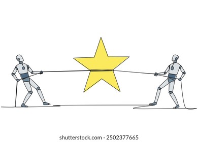 Single continuous line drawing two smart robots fighting for a star. The fierce battle of technology. Trying to achieve very satisfactory rating. Chasing the dream. One line design vector illustration