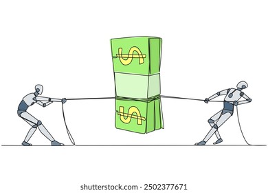 Single continuous line drawing two smart robot fighting over banknotes. Compete for the rights to license advanced technology. Continuous advancement of the future. One line design vector illustration