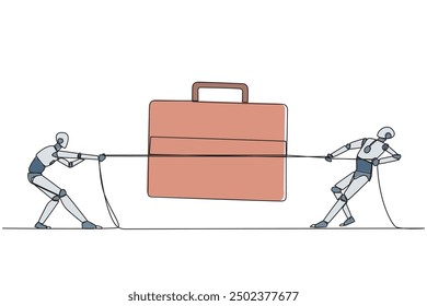 Single continuous line drawing two robots fighting over briefcase. Compete fiercely to increase user trust. The future of sophistication technology for marketing. One line design vector illustration