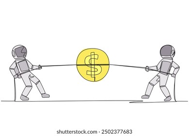 Single continuous line drawing two astronauts fighting over a coin with a dollar symbol. Competition for money. Rare discovery of money on the surface of the moon. One line design vector illustration