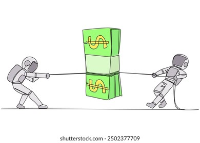 Single continuous line drawing two astronauts fighting over banknotes. Fight for a training scholarship for expedition to the moon. Fight for dreams. Outer space. One line design vector illustration