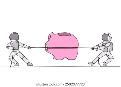 Single continuous line drawing two astronauts fighting over a piggy bank. Fighting for reserve funds to carry out an expedition to the lunar surface. Outer space. One line design vector illustration