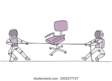 Single continuous line drawing two astronauts fighting over an office chair. Compete to be the administrator of the departure to the lunar surface. Outer space. One line design vector illustration