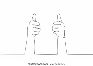 Single continuous line drawing two hands with thumbs up gesture. Awesome sign. Two-way communication from a distance. Agreement. International Day of Awesomeness. One line design vector illustration