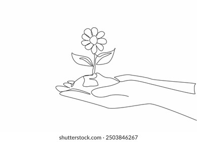 Single continuous line drawing two hands holding a mound of soil with flowering plants. Showing concern for the environment. Greening. National Plant a Flower Day. One line design vector illustration