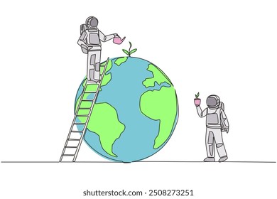 Single continuous line drawing two astronauts work together to green the earth. Plant lots of trees. World environment day. Cosmonaut care the earth. Save planet. One line design vector illustration