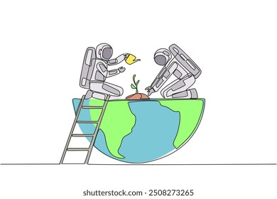 Single continuous line drawing two astronauts work together to plant seeds and water it. Slowing depletion of the ozone layer. Cosmonaut caring a lot to the earth. One line design vector illustration