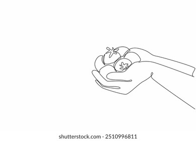 Single continuous line drawing two palms carrying some tomatoes. Harvest some fresh fruits that are rich in vitamin C. Healthy. Organic. National Agriculture Day. One line design vector illustration